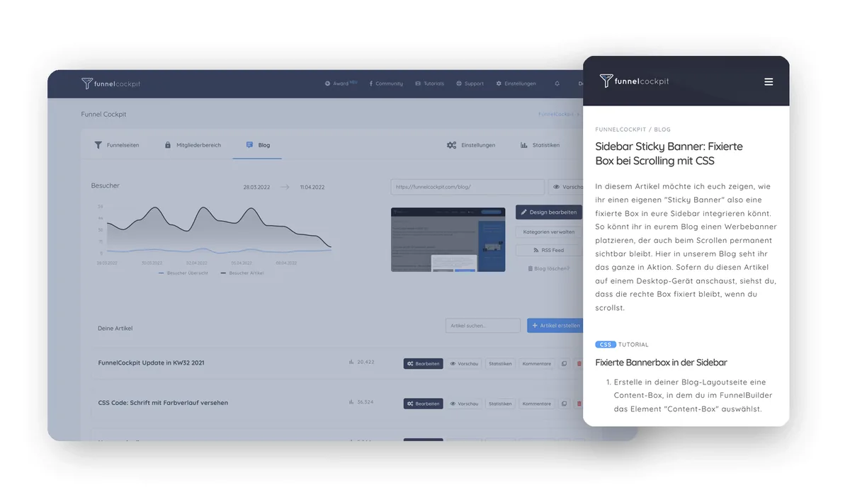 Das FunnelCockpit-Dashboard mit den Reitern Funnelseiten, Mitgliederbereich, Blog und Statistiken