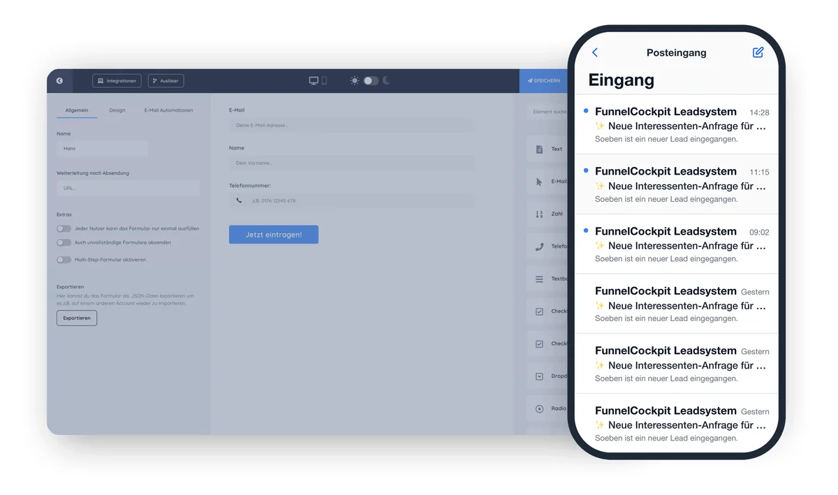 Formular-Builder von FunnelCockpit mit Feldeinstellungen und Push-Benachrichtigungen bei neuen Leads