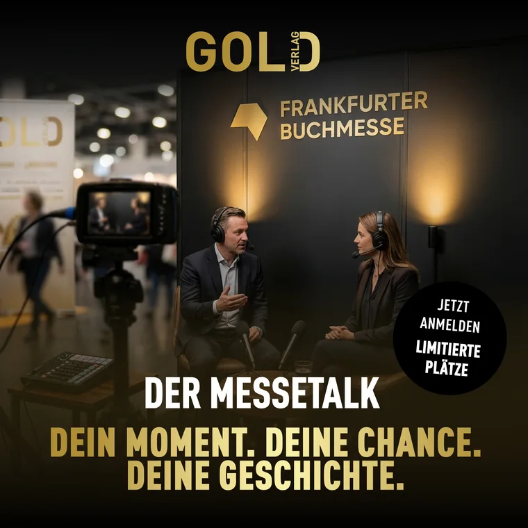 Interview-Situation am Stand des GOLD Verlags auf der Frankfurter Buchmesse mit Kamera, Mikrofonen und Moderation